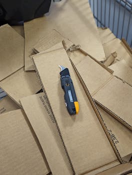 A utility knife rests on stacked cardboard sheets, ideal for cutting and packing tasks.