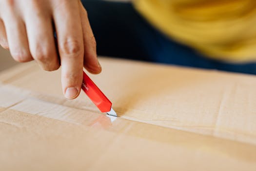 Close-up of a person using a red box cutter to unseal a cardboard package indoors.